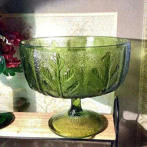 Vintage 1975 Green FTD Compote Oak Leaf  Olive Green AVOCADO GREEN Bowl Goblet